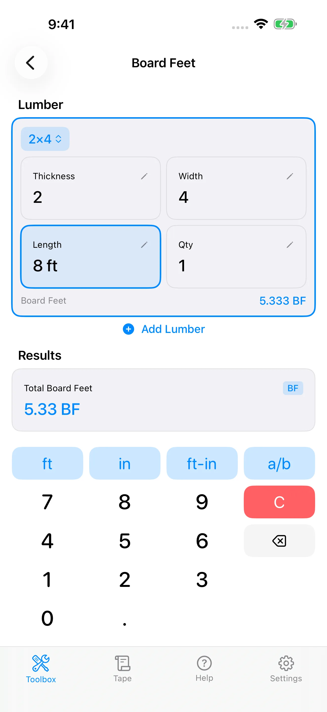 CutOnce board feet calculator solving a 2x4 by 8 foot board