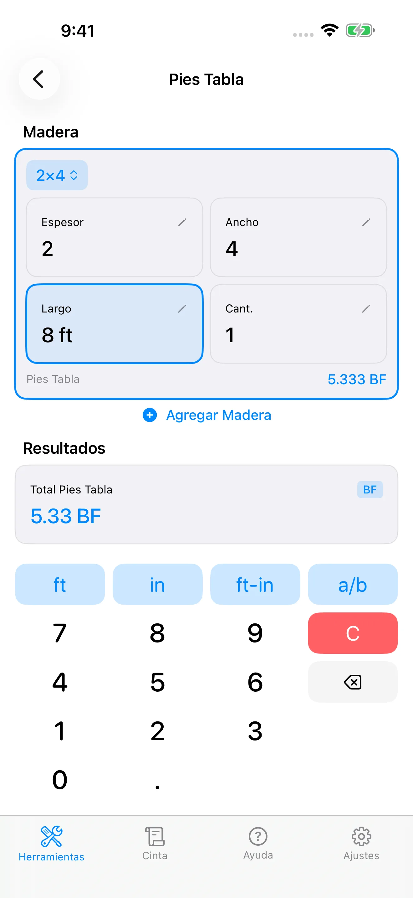 Calculadora de pies tabla de CutOnce resolviendo una tabla de 2x4 por 8 pies