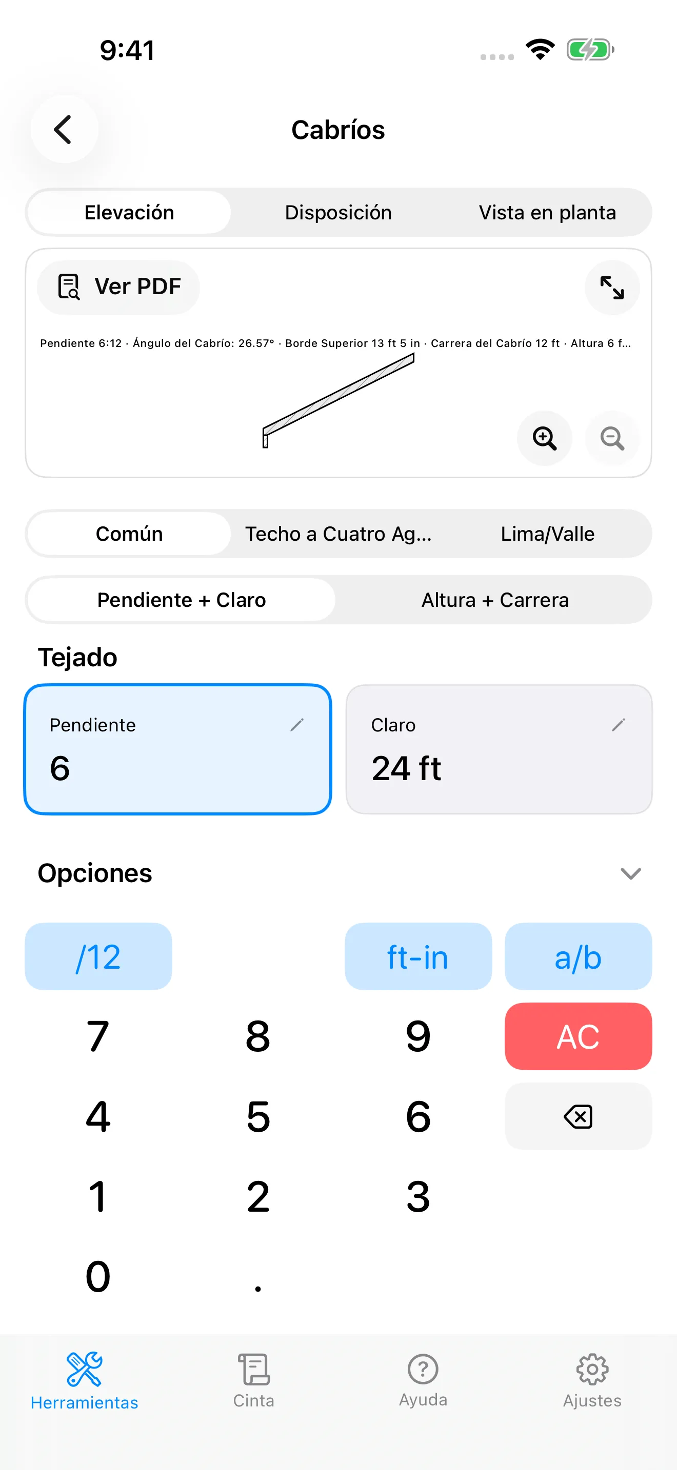 Calculadora de cabríos de CutOnce resolviendo una pendiente 6/12 sobre una carrera de 12 ft con detalles de birdsmouth