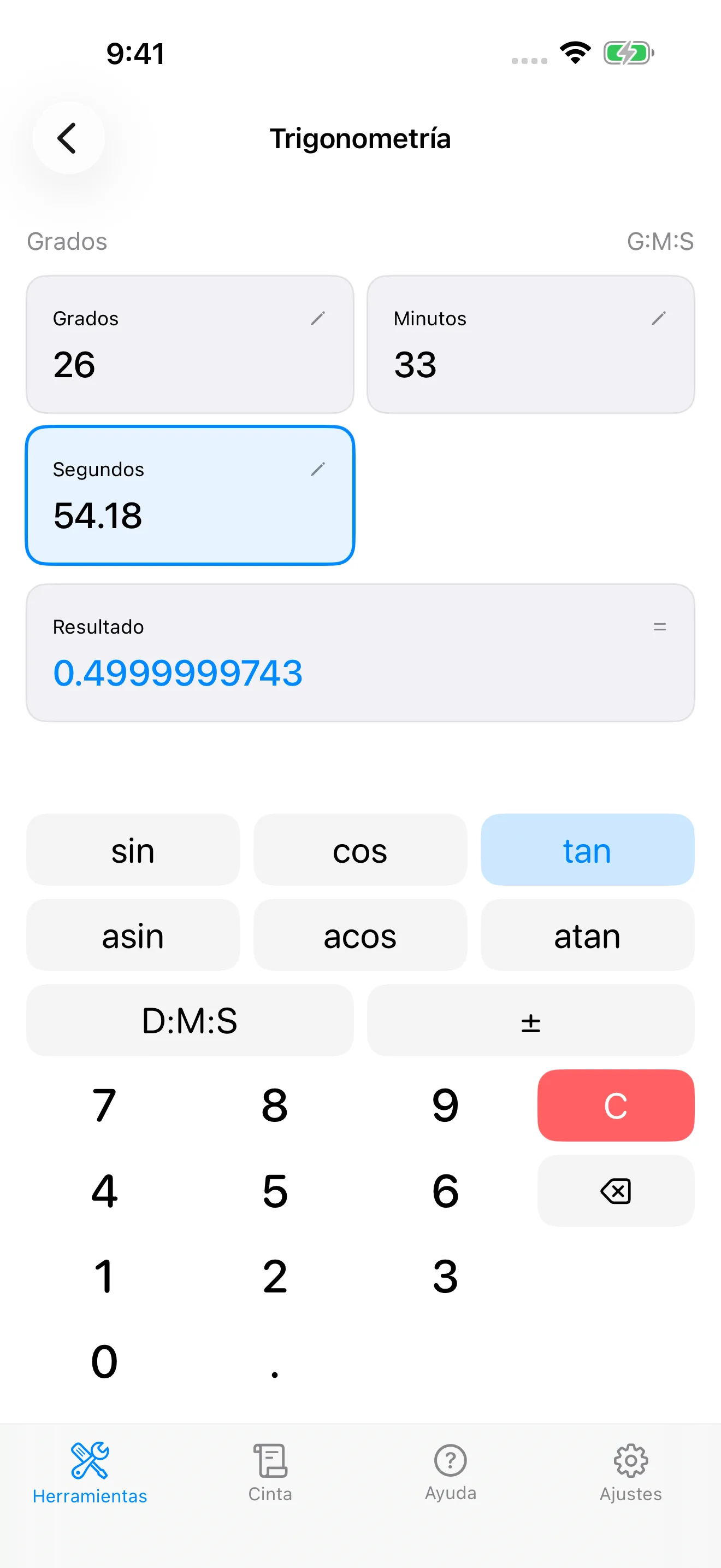 Calculadora trigonométrica de CutOnce convirtiendo elevación sobre carrera a grados minutos segundos