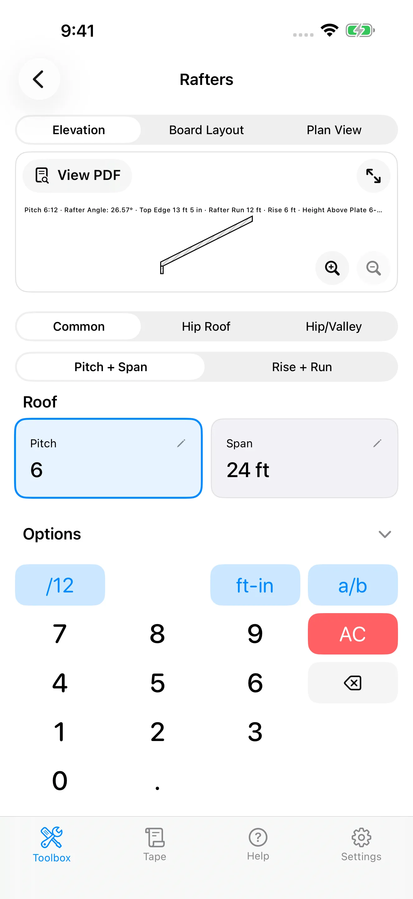 CutOnce rafter calculator solving a 6/12 pitch over a 12 ft run with birdsmouth details