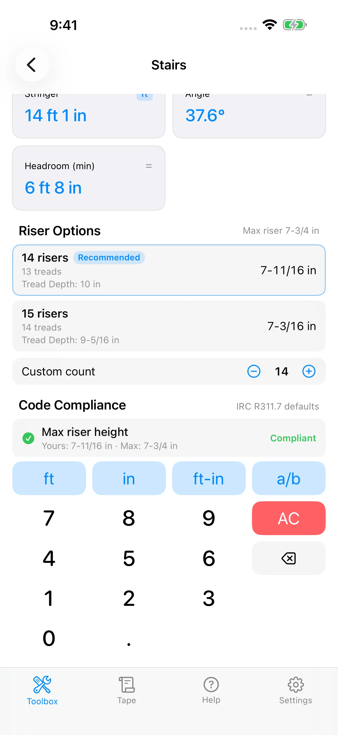 CutOnce stair calculator solving a 108 inch total rise with IRC code checks passing