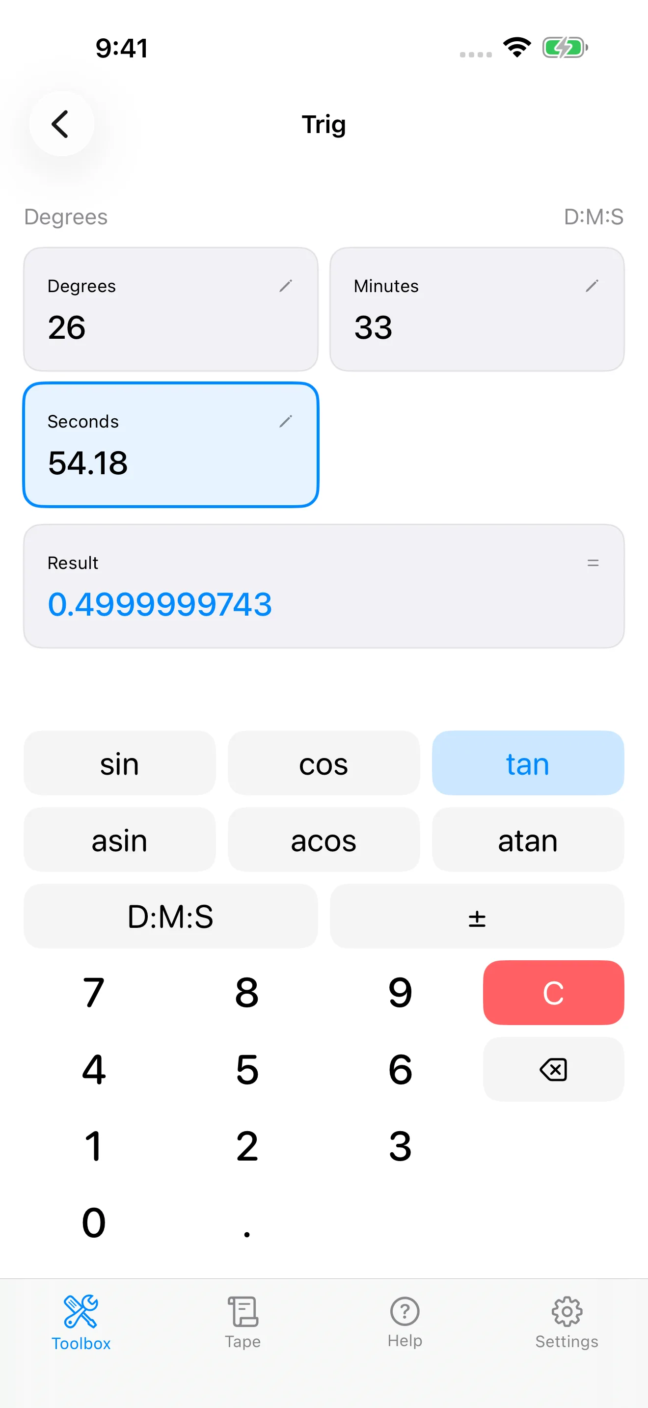 CutOnce trig calculator converting a rise over run to degrees minutes seconds