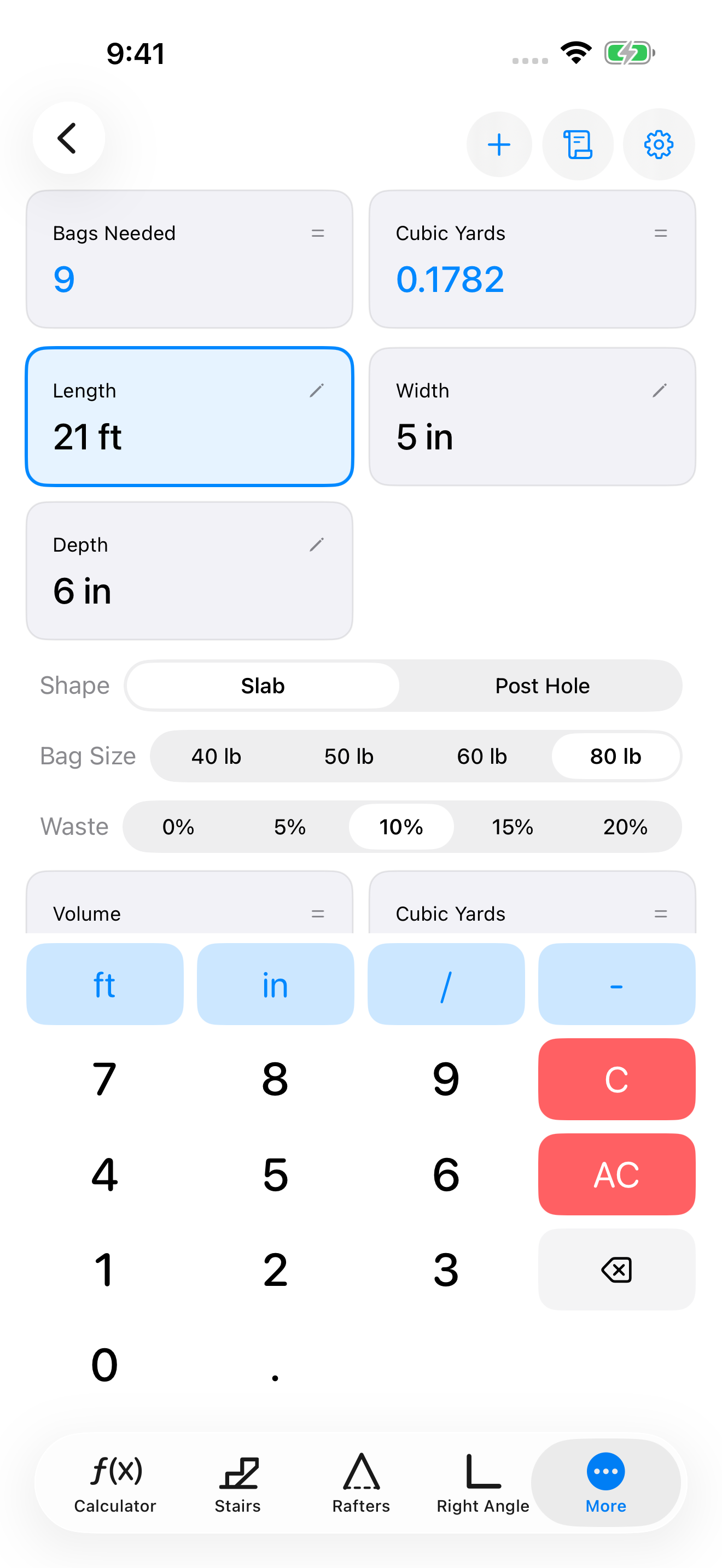CutOnce concrete bags calculator