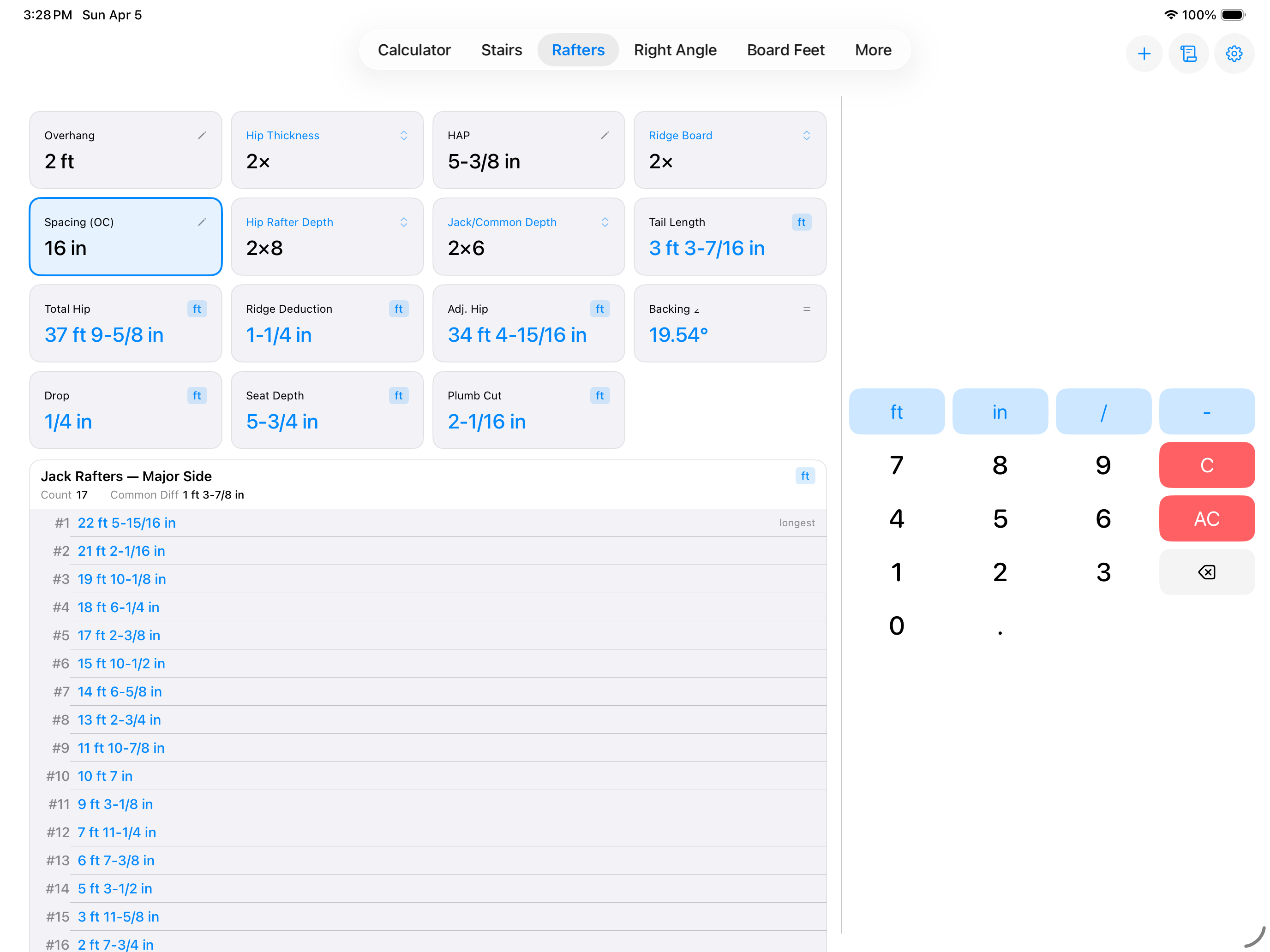 CutOnce rafter calculator on iPad