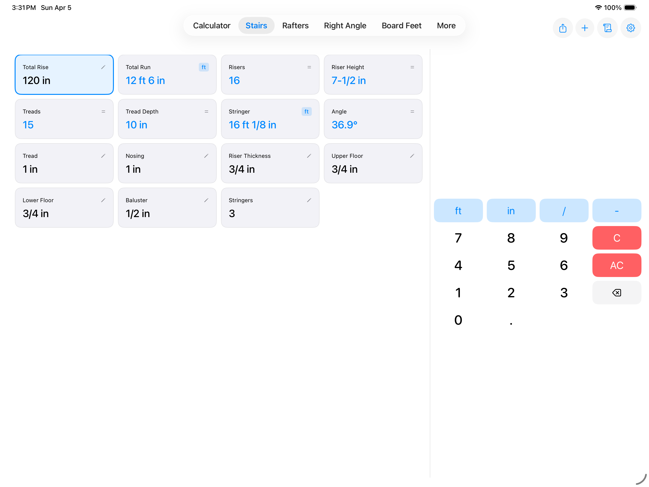 CutOnce stair calculator on iPad